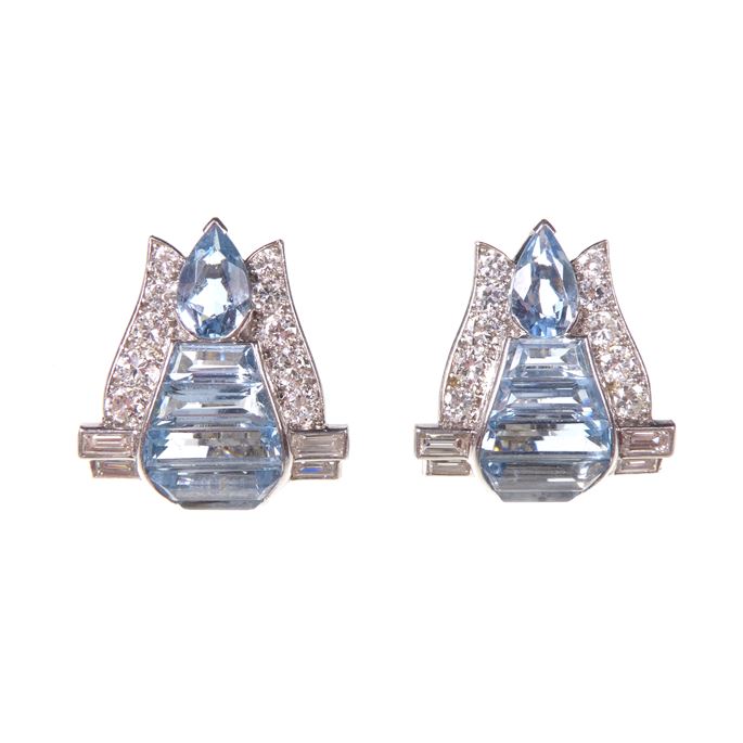   Cartier - Pair of Art Deco geometric aquamarine and diamond cluster earrings | MasterArt